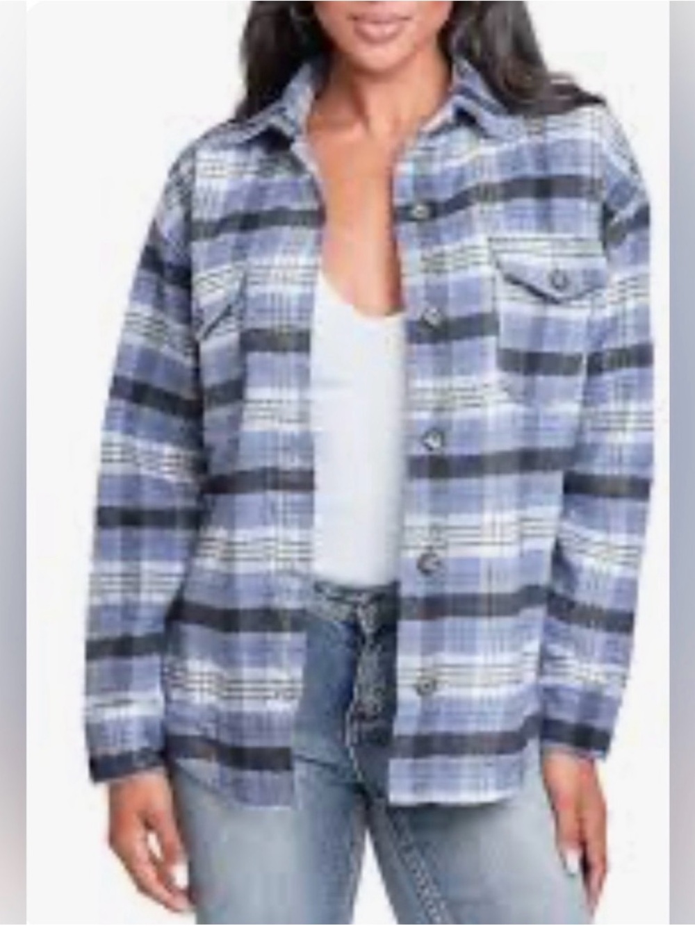 Hurley Quilted Plaid Fall Cozy Button-Front Shacket in Blue and Black Size XL